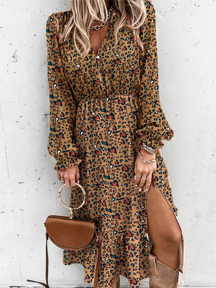 Boho V Neck Bishop Sleeve Leopard Maxi Dress Medium (8-10)