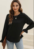 Crew Neck Ruffle Bubble Sleeve Top in Black