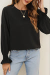 Crew Neck Ruffle Bubble Sleeve Top in Black