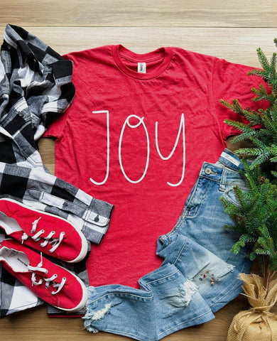 Joy Christmas Graphic Tee on Bella Canvas in Red