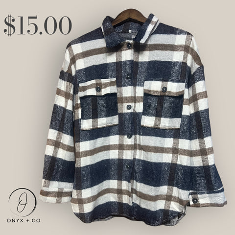 Plaid shacket in navy blue and tan