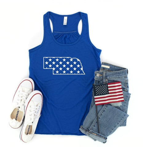 Nebraska Outline with Stars Bella Canvas Tank in Royal Blue