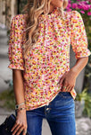 Boho Floral Ruffle Short Sleeve Frill Mock Neck Blouse