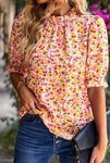 Boho Floral Ruffle Short Sleeve Frill Mock Neck Blouse