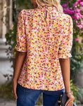 Boho Floral Ruffle Short Sleeve Frill Mock Neck Blouse