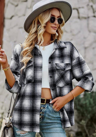 Button Down Black and White Plaid Shacket