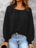 Square Neck Puff Sleeve Waffle Knit Top in Black