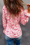 Floral Print Tie V Neck Button Up Blouse in Pink