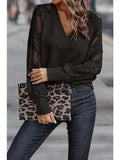 Ribbed V-Neck Lace Sleeve Top in Black