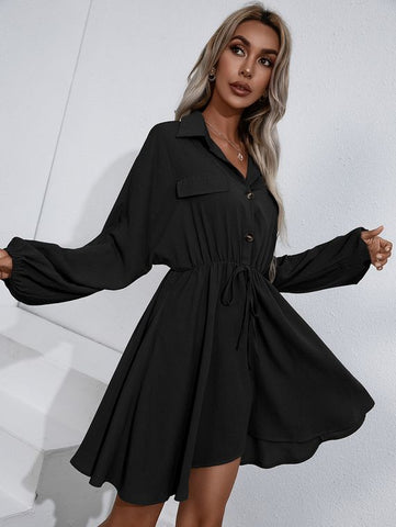 Button Collared Lantern Sleeve Ruffle Dress in Black