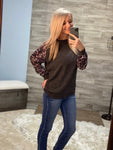 Gray Leopard Patch Ribbed Loose Long Sleeve Blouse