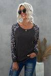 Gray Leopard Patch Ribbed Loose Long Sleeve Blouse