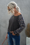 Gray Leopard Patch Ribbed Loose Long Sleeve Blouse