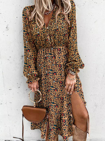 Boho V Neck Bishop Sleeve Leopard Maxi Dress