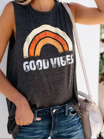 Good Vibes Rainbow Print Tank Top in Orange