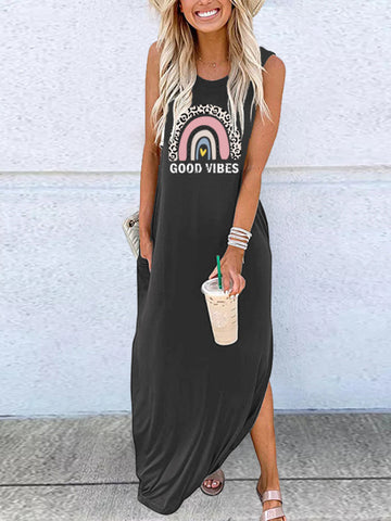 GOOD VIBES Rainbow Print Sleeveless Dress in Black