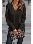 Ribbed V-Neck Lace Sleeve Top in Black