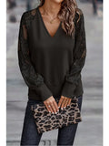 Ribbed V-Neck Lace Sleeve Top in Black