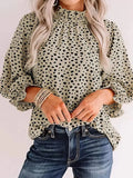 Frilled Neck 3/4 Sleeves Cheetah Blouse in Khaki