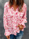 Floral Print Tie V Neck Button Up Blouse in Pink