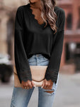 Ribbed Lace Crochet Trim V-Neck Top in Black