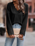 Ribbed Lace Crochet Trim V-Neck Top in Black