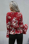 Floral Print Flare Sleeve Peplum Blouse