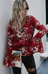 Floral Print Flare Sleeve Peplum Blouse