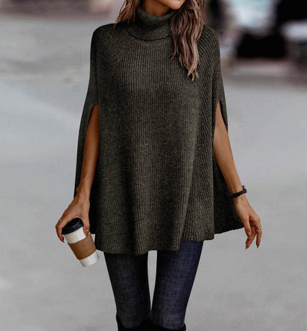 Ribbed Knit Turtleneck Poncho